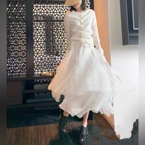 Peng Tai Style Long Sleeves Asymmetrical White Layered Ruffled Sheer Midi Dress